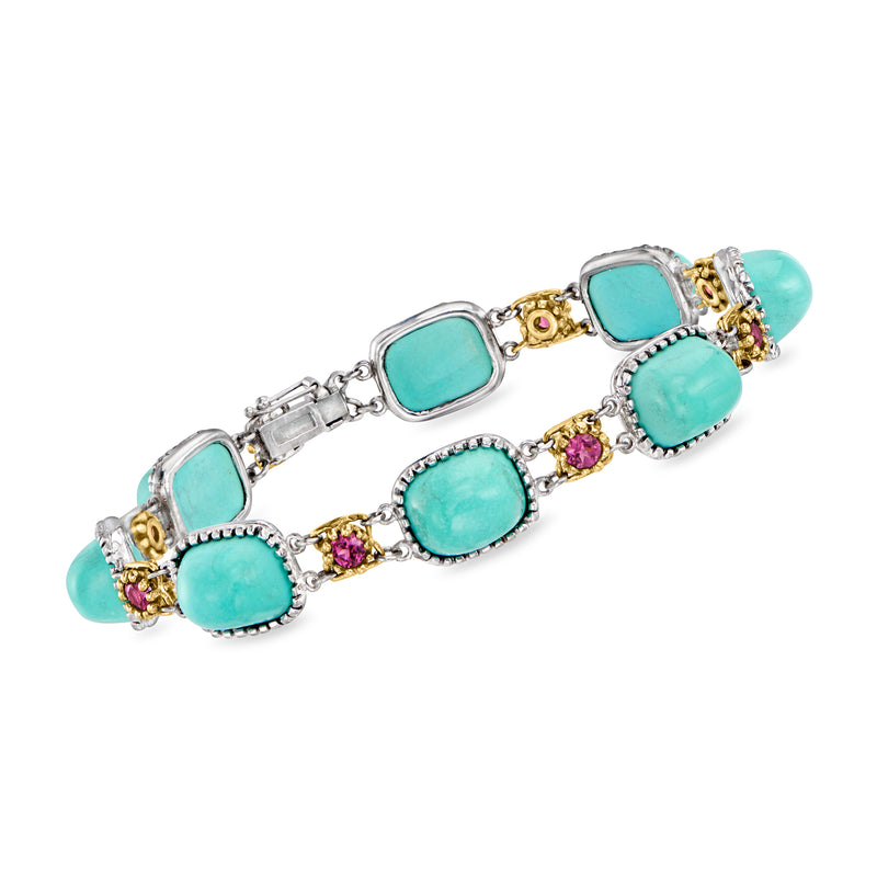 Two-tone gold bracelet with turquoise oval cabochon stones and pink gemstones