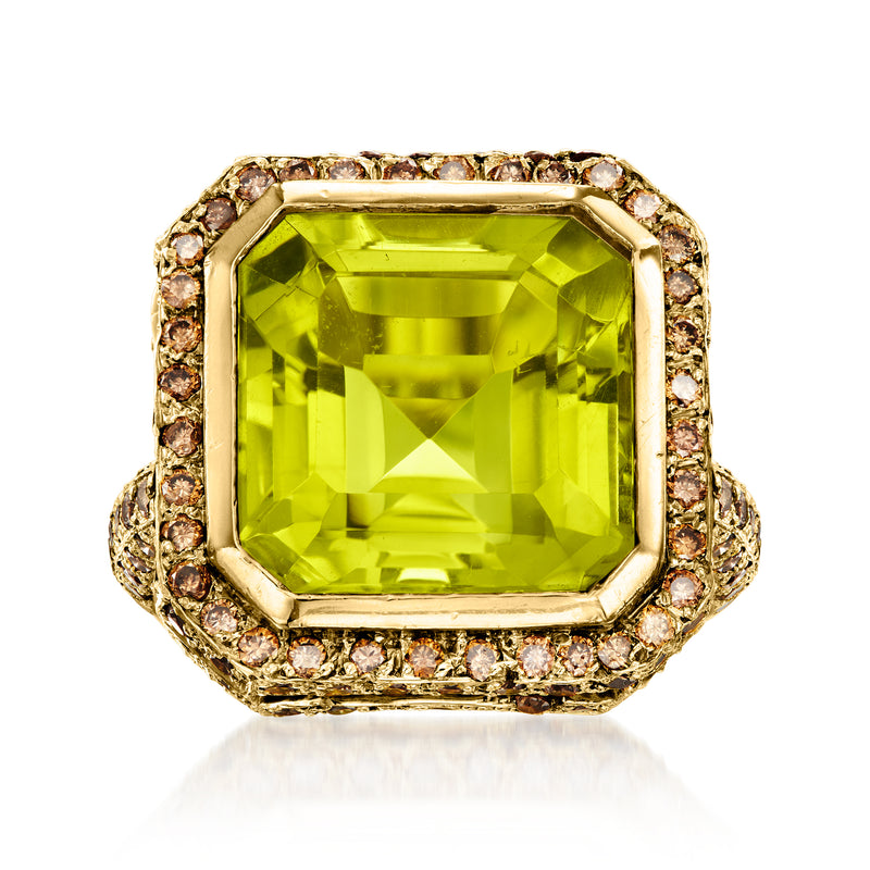 18k yellow gold ring with large lime quartz and diamond halo, square bezel