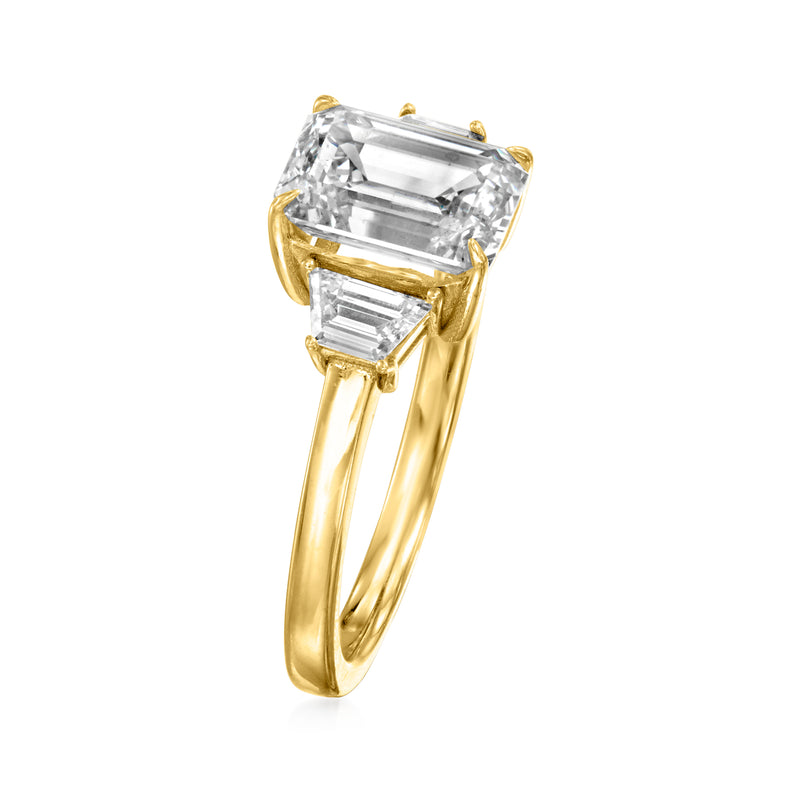 14kt yellow gold lab-grown diamond ring, angled view, square center with side baguettes