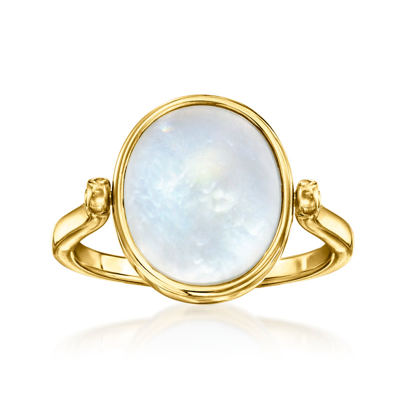 Gold-tone reversible ring with a round mother-of-pearl inlay and sculpted open shoulders