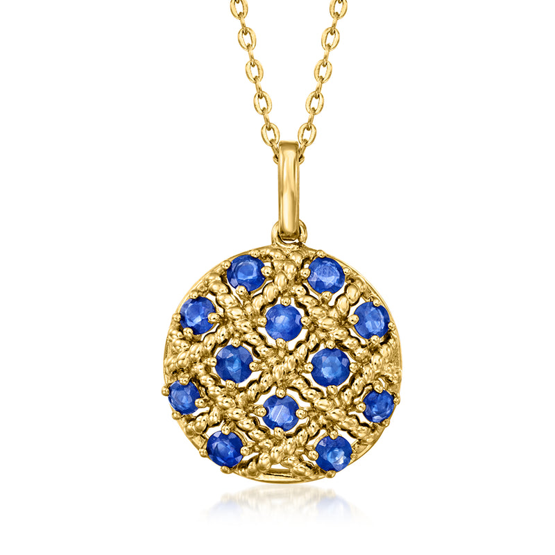 18kt gold over sterling necklace with round sapphire cluster pendant, gold setting