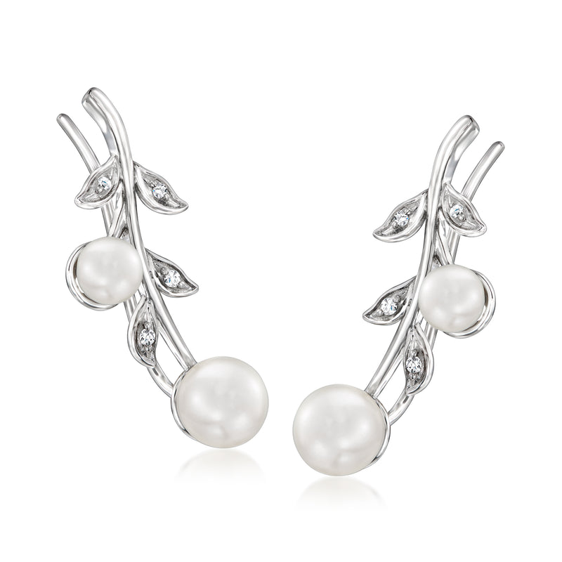Sterling silver cultured pearl leaf ear climber earrings with diamond accents