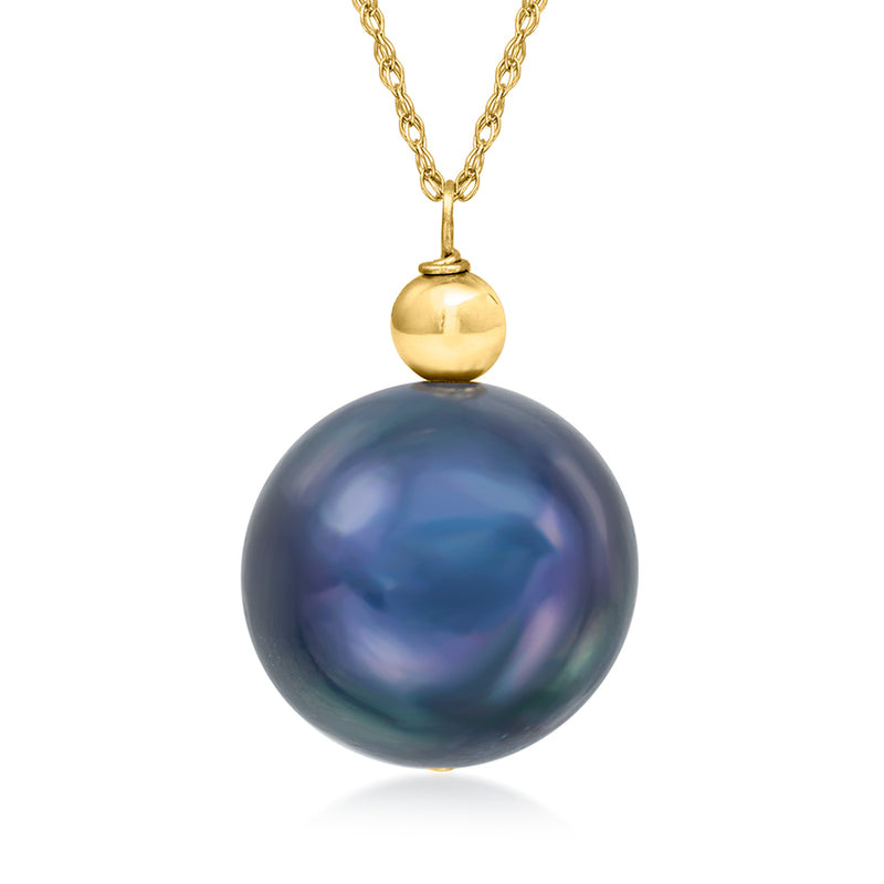 14kt yellow gold necklace with dark iridescent cultured pearl pendant