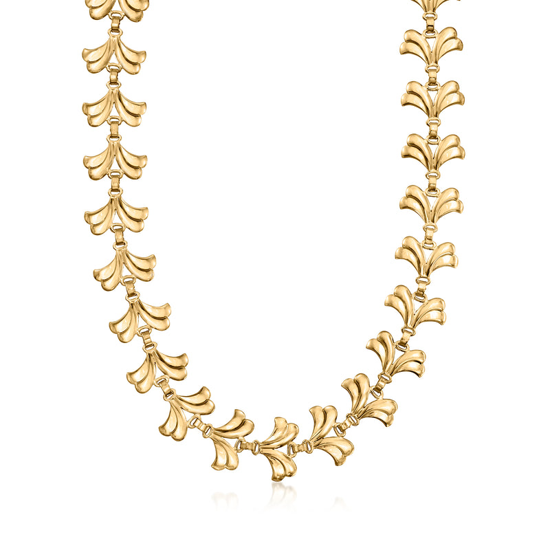 14kt yellow gold leaf necklace with linked teardrop leaf stations and curved design