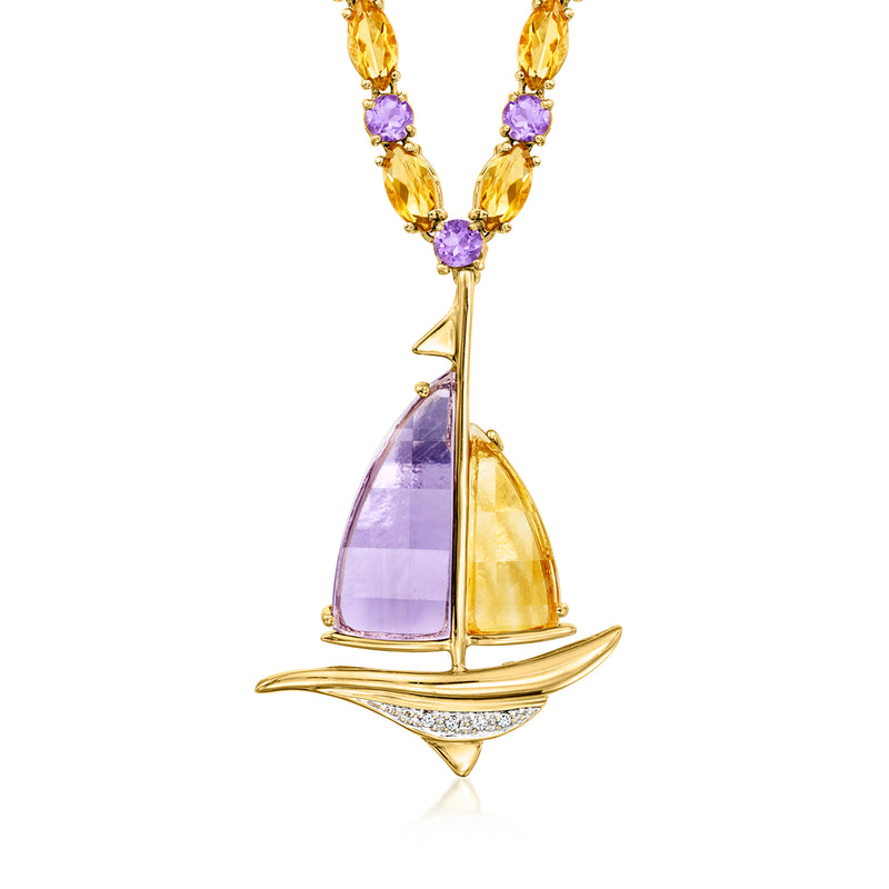 14kt yellow gold sailboat pendant necklace with purple and yellow gemstone accents