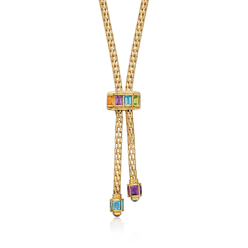 14kt yellow gold bolo necklace with square multi-gemstone centerpiece and dangling purple/blue stones