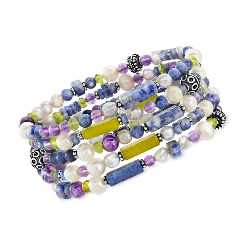 Gemstone stretch bracelet set with sterling silver charm accents and mixed bead colors