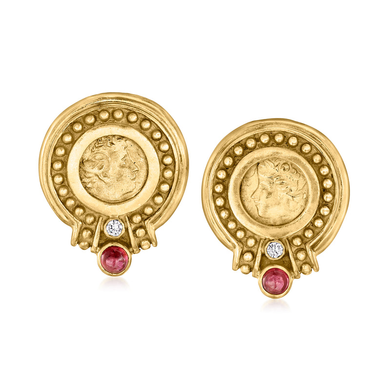 18kt yellow gold coin-style earrings with ruby-red stones and small clear accents