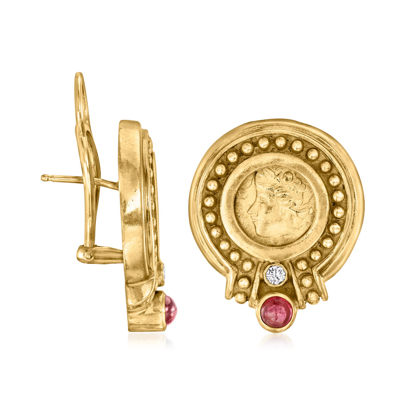 18kt yellow gold clip/post earrings with red cabochon and small clear stone details