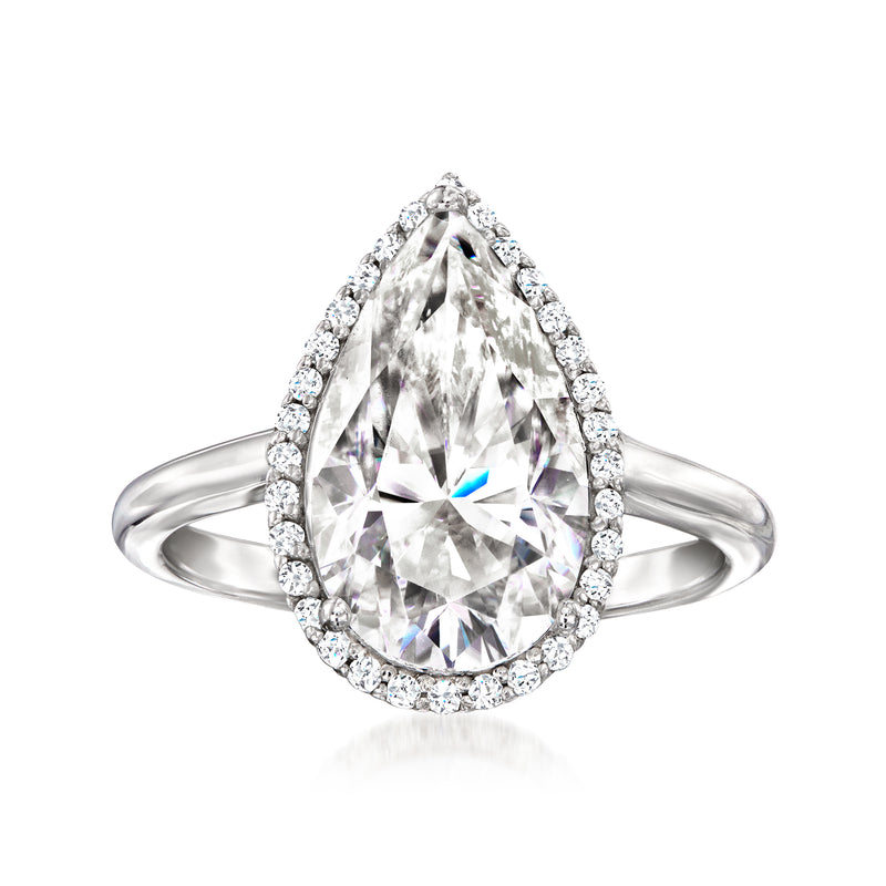 Sterling silver pear-cut moissanite ring with halo setting