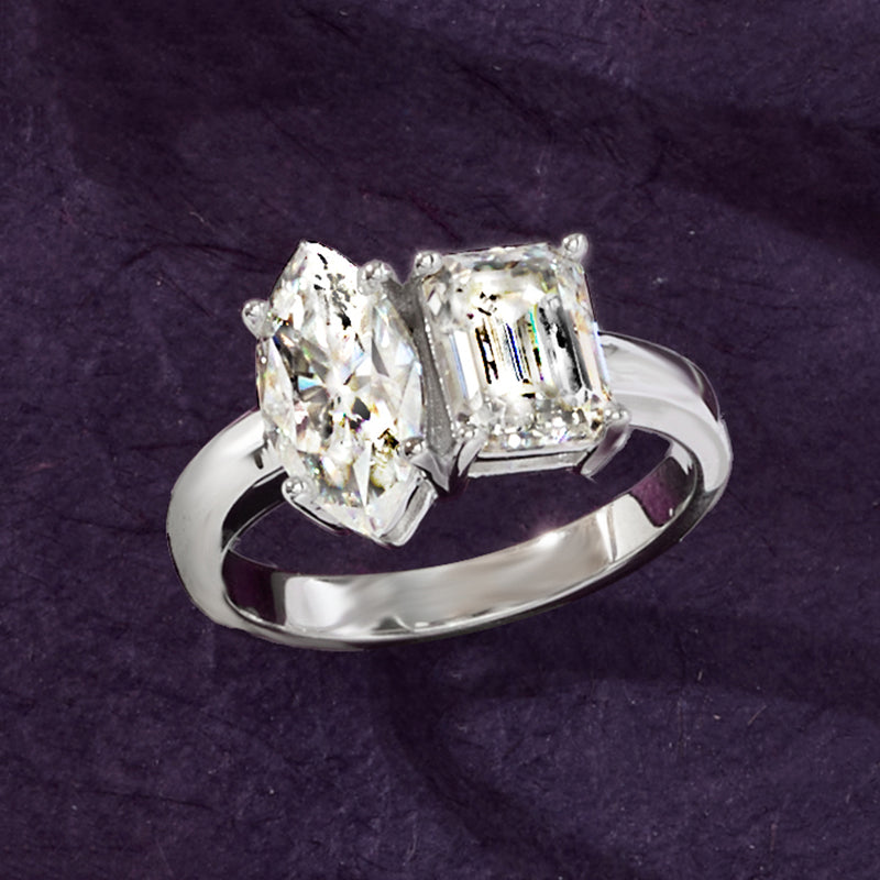 Sterling silver toi et moi ring with two rectangular cushion-cut moissanite stones