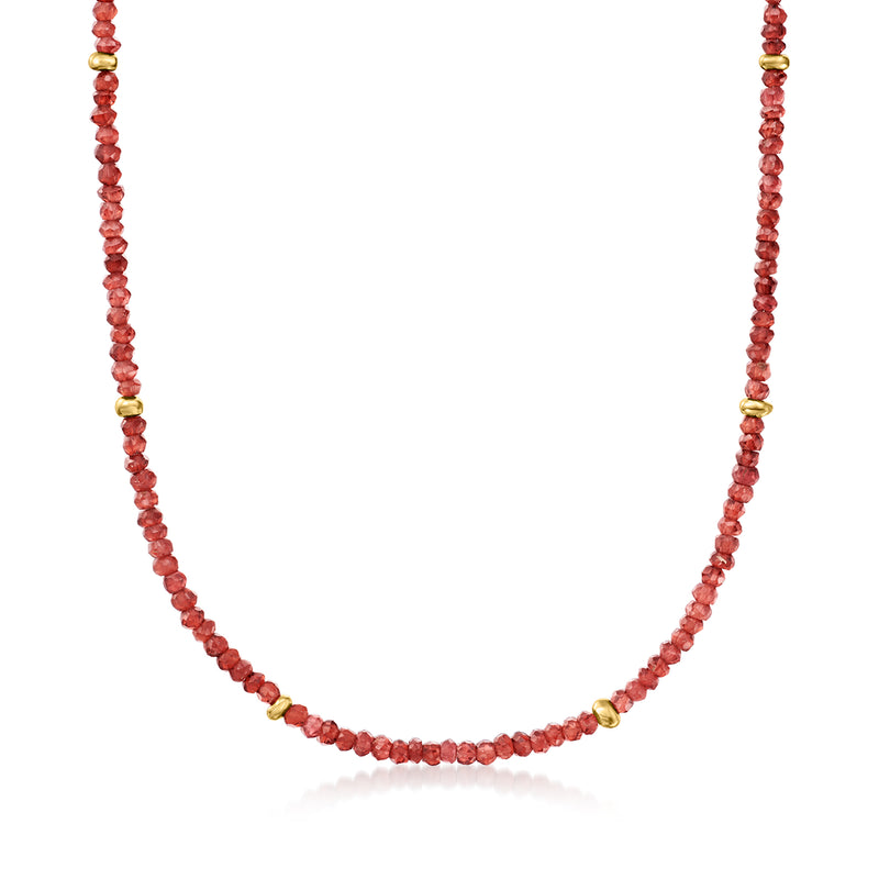 Red garnet bead necklace with gold-tone spacer beads, strand style