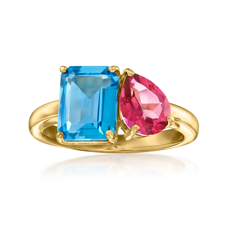 18kt gold vermeil toi et moi ring with emerald-cut blue and pear-cut pink topaz