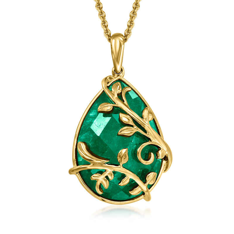 18k gold pendant necklace with emerald-green leaf scrollwork teardrop charm