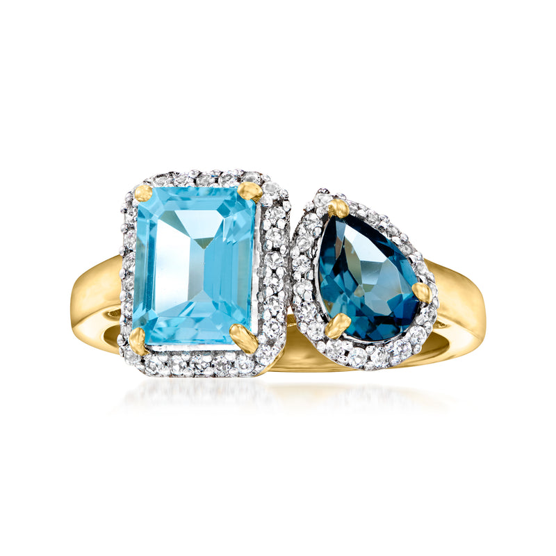 Two-stone topaz toi et moi ring with blue stones, diamond-style halos, 18kt gold over sterling