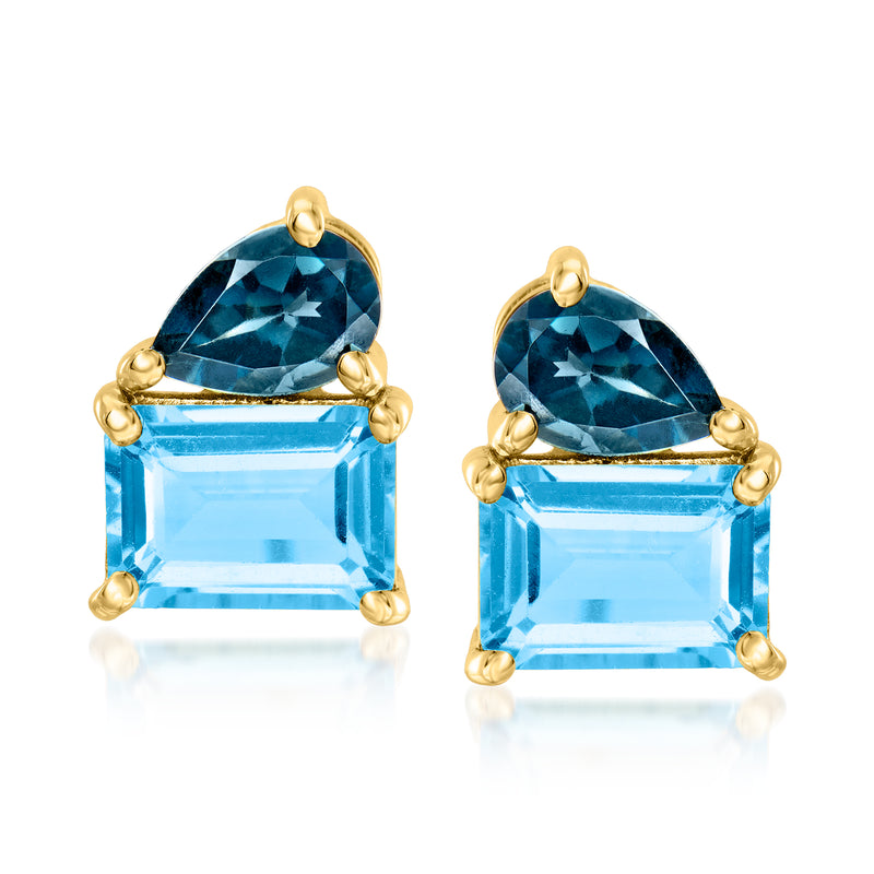 Gold stud earrings with two blue topaz stones, oval top and rectangular cut
