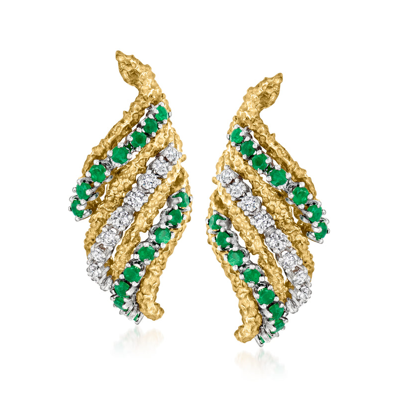 Two-tone gold clip-on earrings with twisted frame, green and clear gemstones
