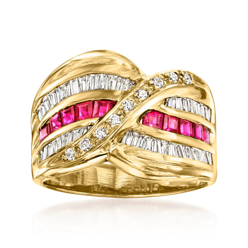 18k yellow gold crisscross ring with two pink ruby slabs and diamond accents