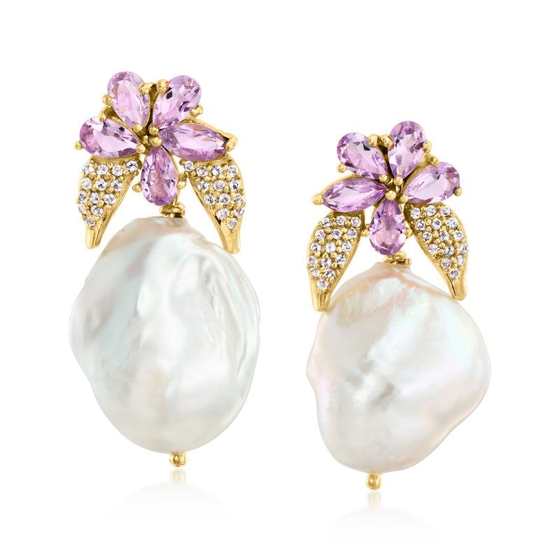 Baroque pearl drop earrings with amethyst petals and white topaz accents in gold