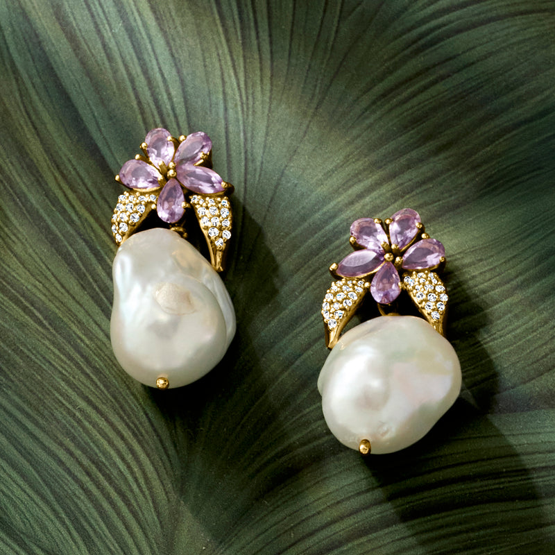 Baroque pearl drop earrings with amethyst flower and white topaz in gold tone