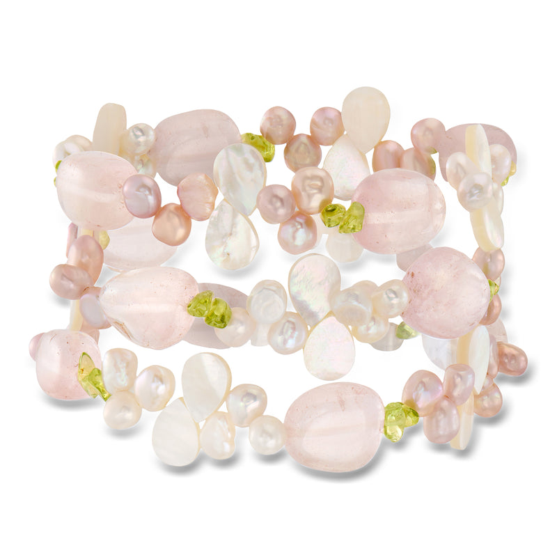 Three stretch bead bracelets with pink rose quartz, white pearls, and green accent beads
