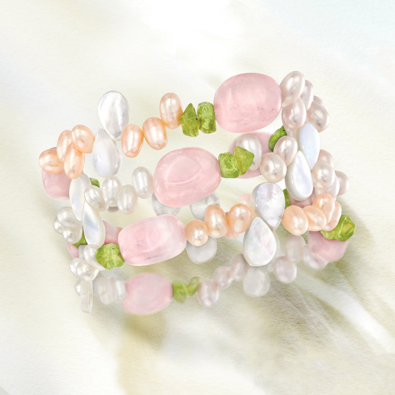 Three rose quartz and pearl stretch bracelets with green peridot-style bead accents