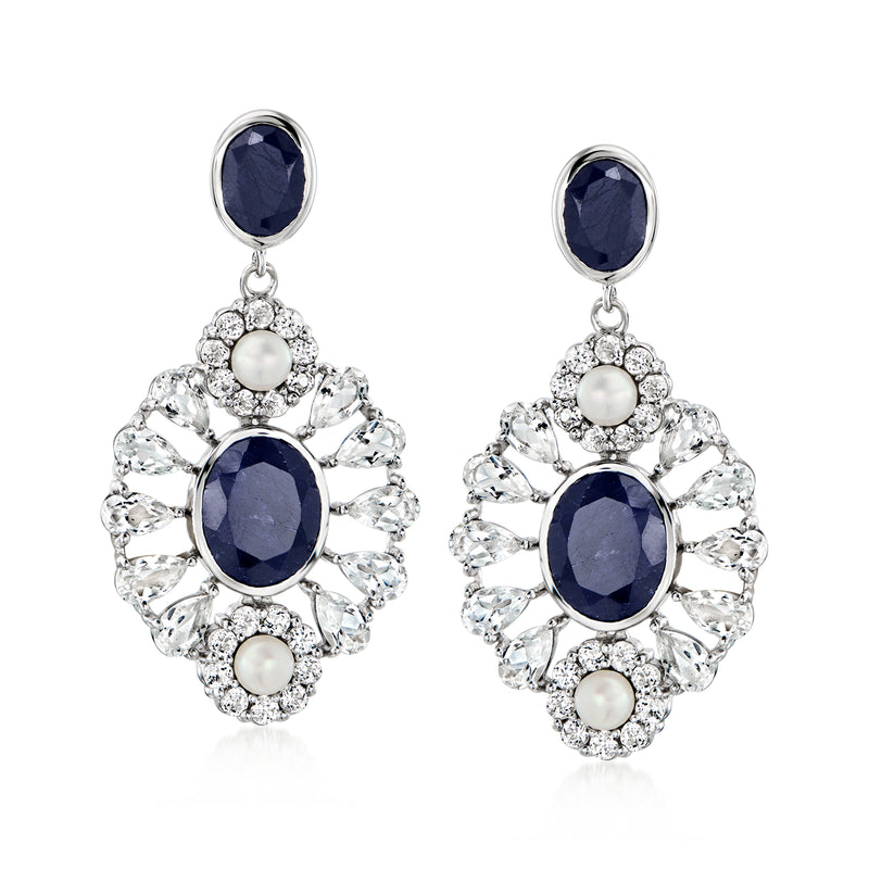 Sterling silver drop earrings: dark blue oval stones, white pearls, and clear stone halos