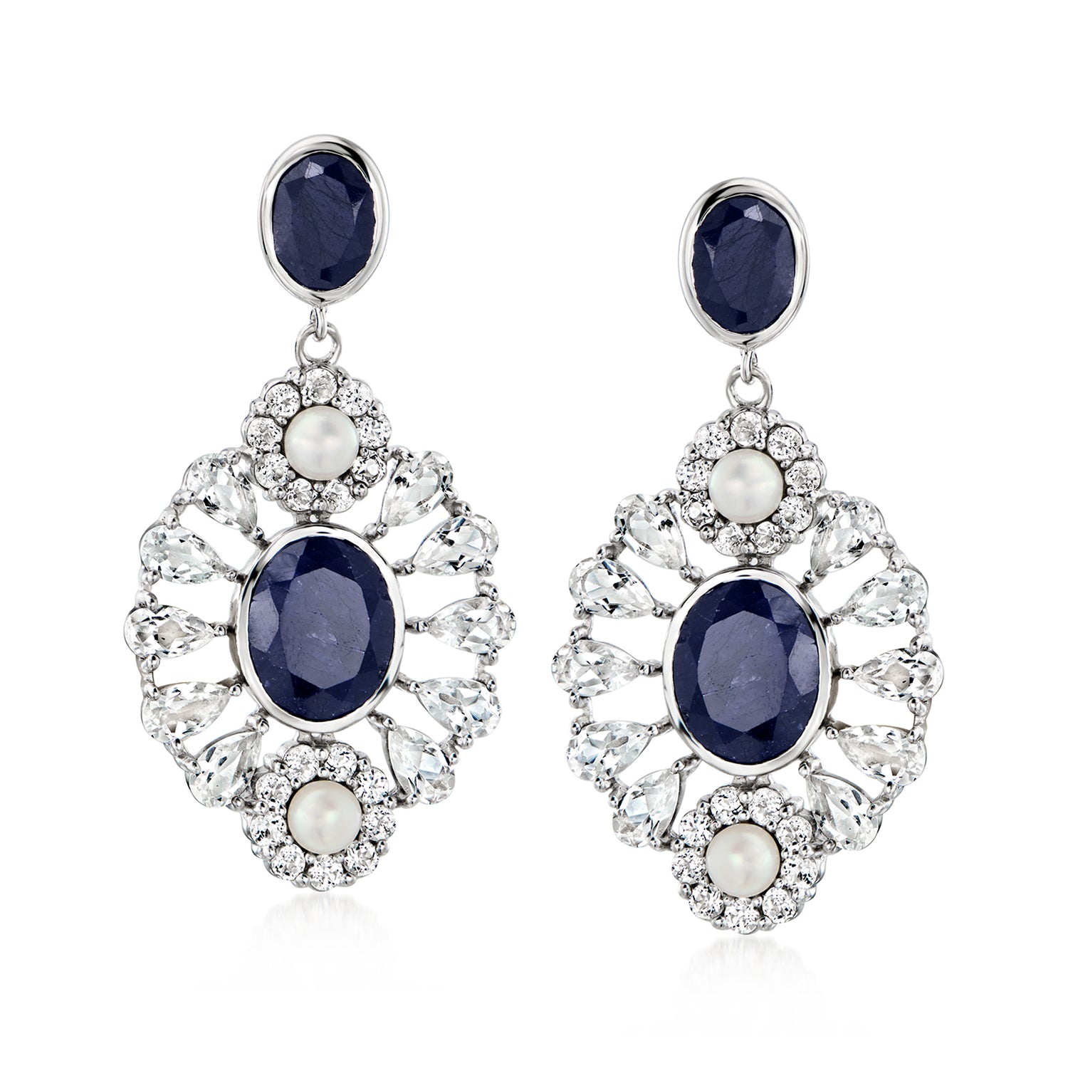 4-4.5mm Cultured Pearl and 11.00 ct. t.w. Sapphire Drop Earrings with 6.40 ct. t.w. White Topaz in Sterling Silver