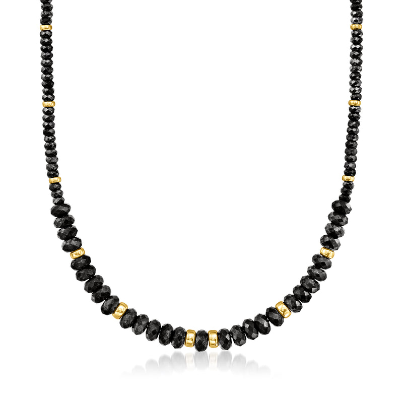 Graduated black agate bead necklace with yellow gold spacer beads