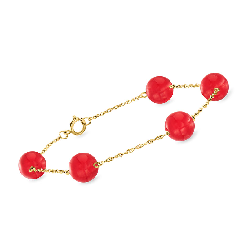 Red coral bead station bracelet with 14kt yellow gold chain and clasp