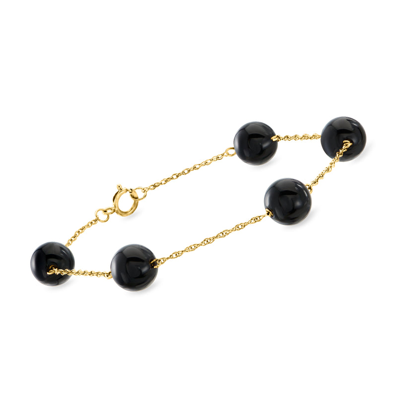 14kt yellow gold bead station bracelet with dark round onyx stations and lobster clasp