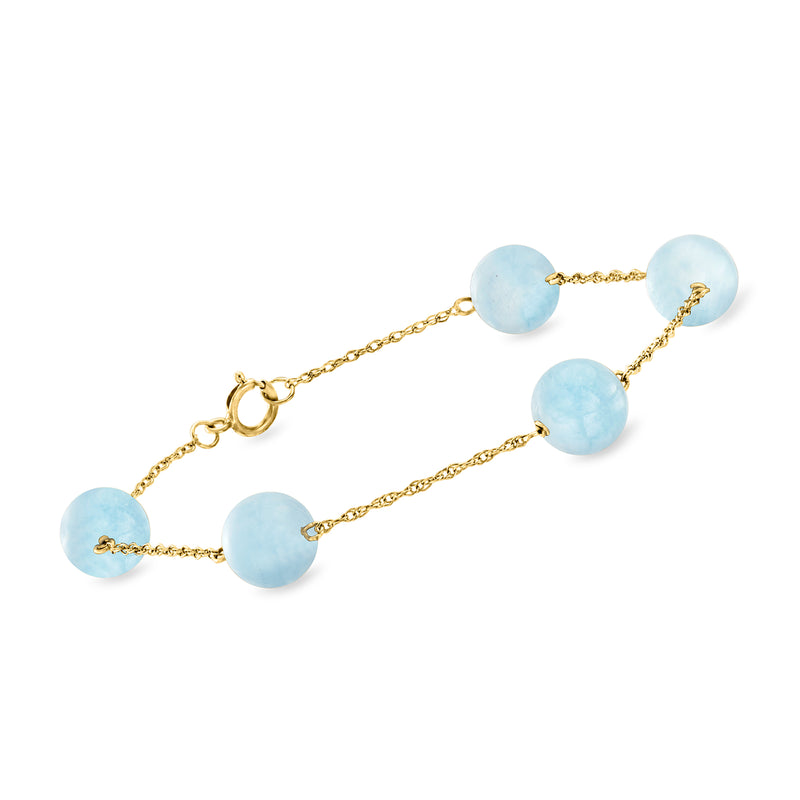14kt yellow gold bead station bracelet with light blue aquamarine round beads