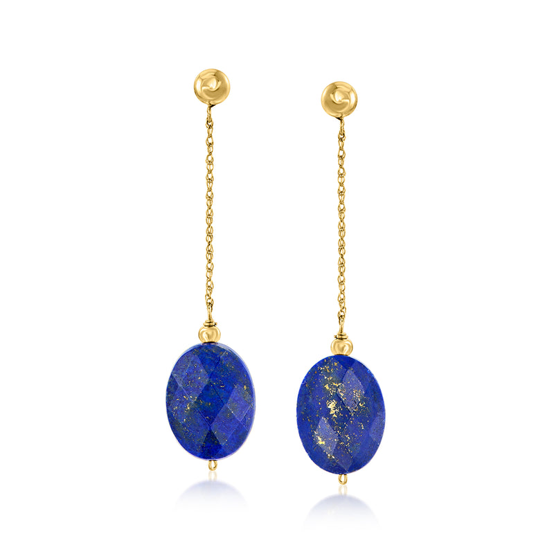 14kt yellow gold drop earrings with oval lapis blue stones on delicate chain links