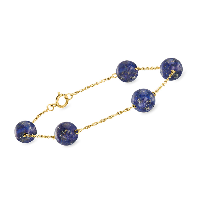 Lapis lazuli bead station bracelet with round blue beads and 14kt yellow gold chain
