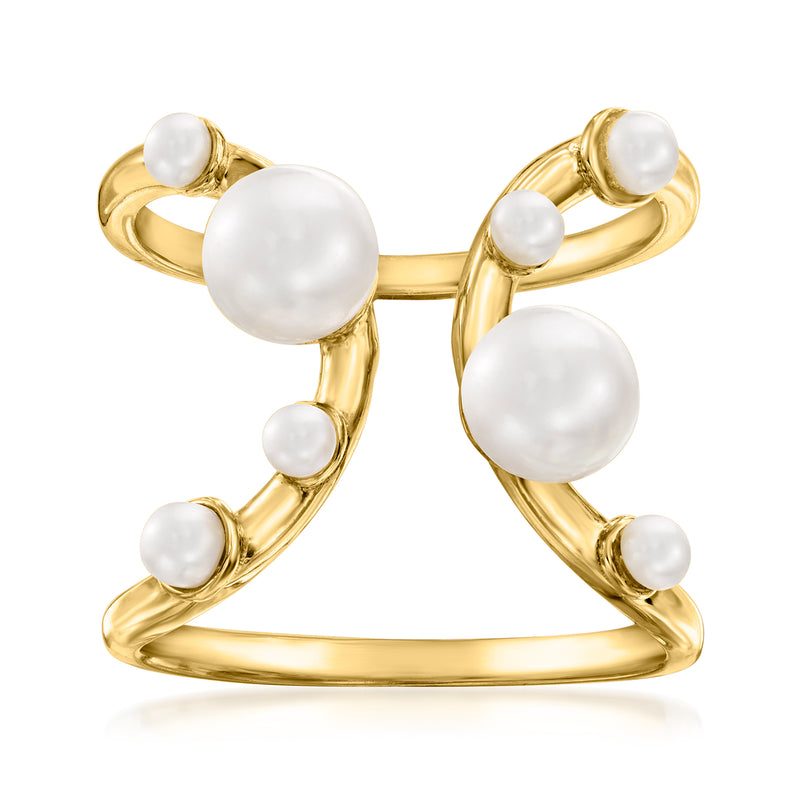 18kt gold open-space ring with white cultured pearls on curved band
