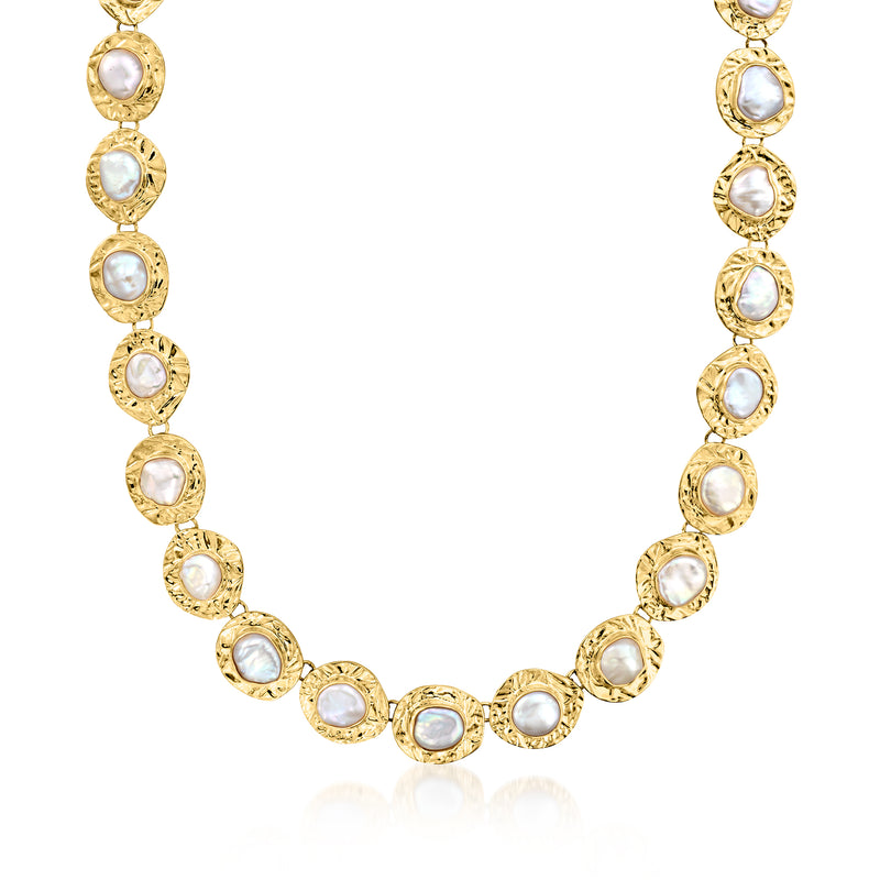 Bezel-set cultured pearl disc necklace, 18kt gold over sterling, oval links