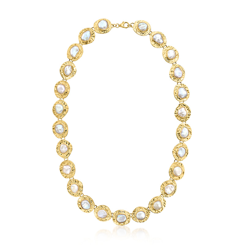 Cultured pearl disc necklace, bezel-set oval pearls in gold frames, full strand