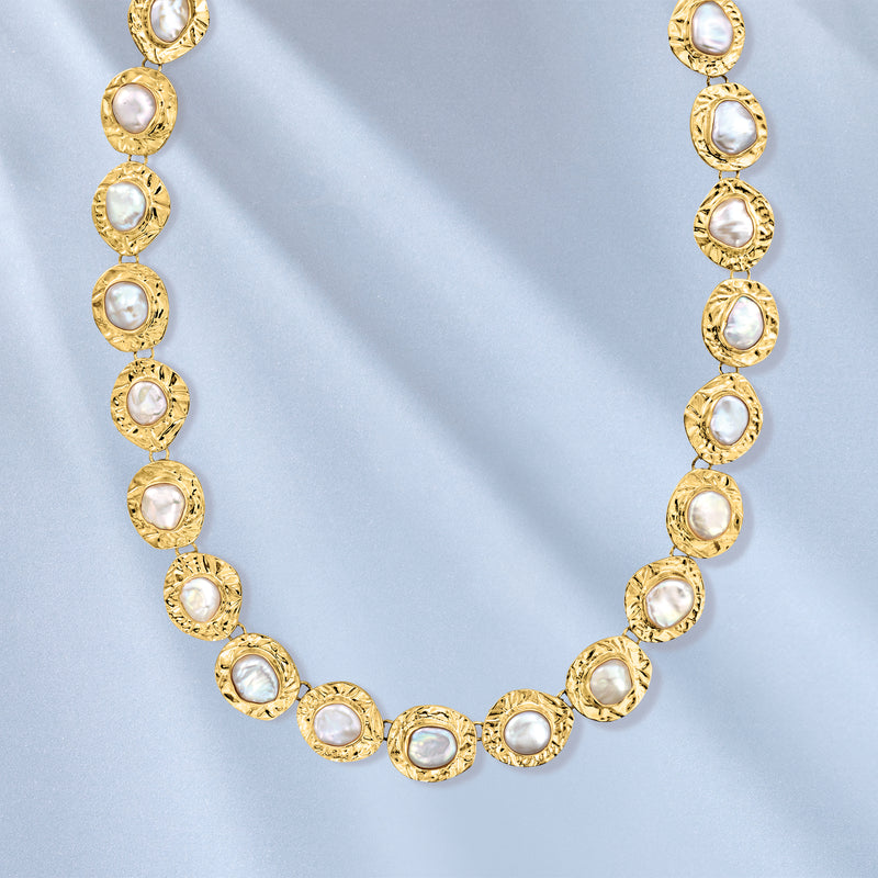 Bezel-set cultured pearl disc necklace, gold links with round pearl discs