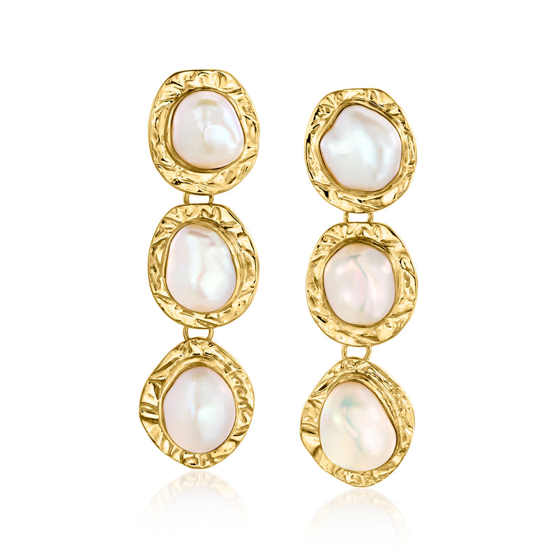 Gold drop earrings with three cultured keshi pearl oval drops
