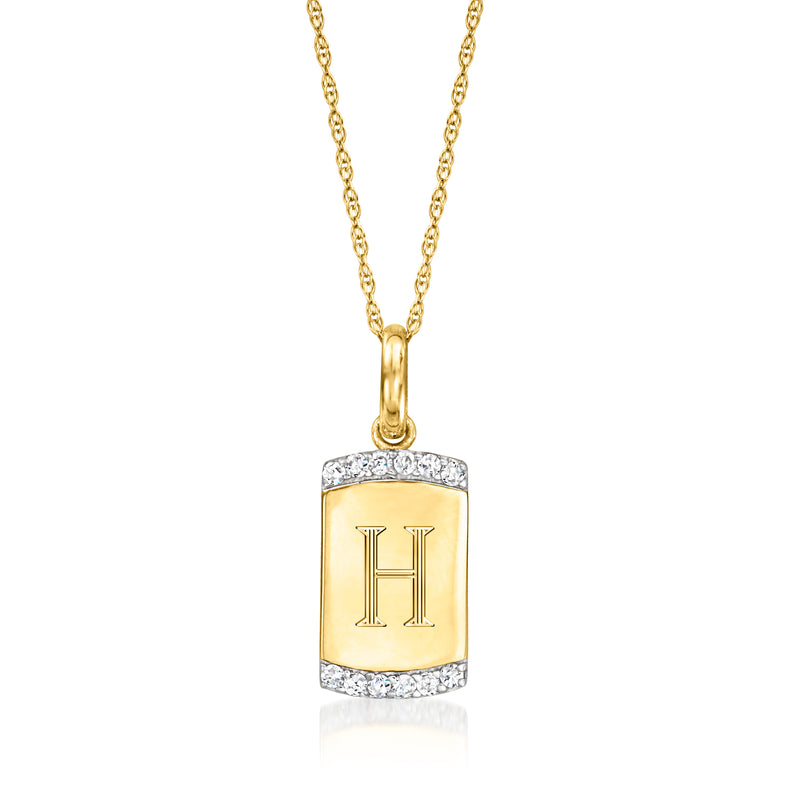 14kt yellow gold diamond dog tag pendant necklace with engraved H letter