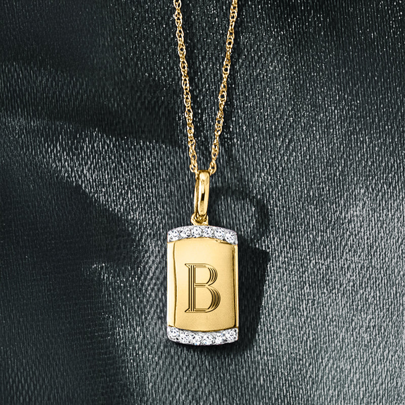 14kt yellow gold diamond dog tag pendant necklace with engraved B letter
