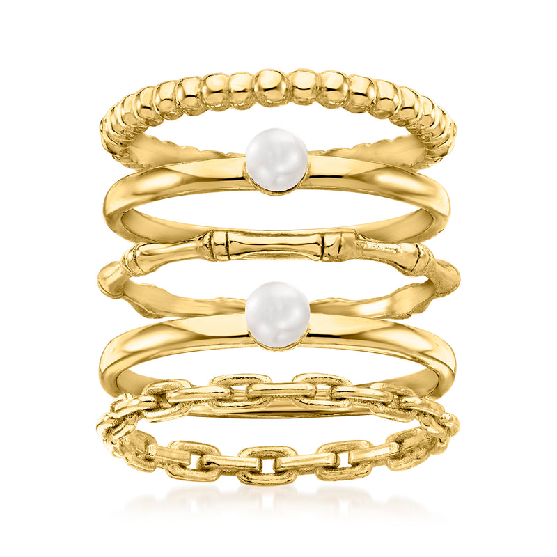 Gold over sterling stackable ring set with two round pearl tops and textured bands