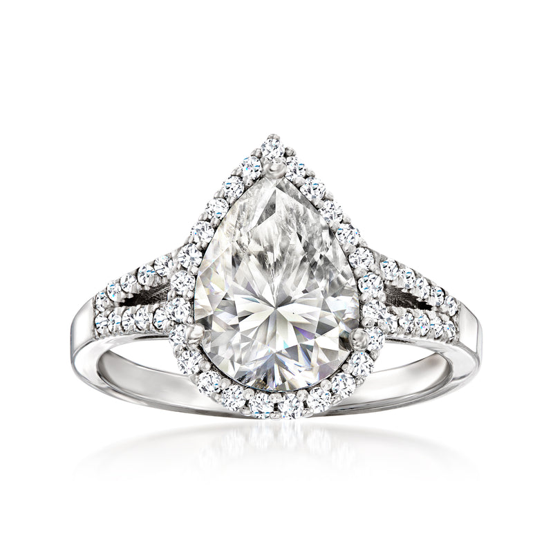 Sterling silver teardrop moissanite ring with halo and split shank