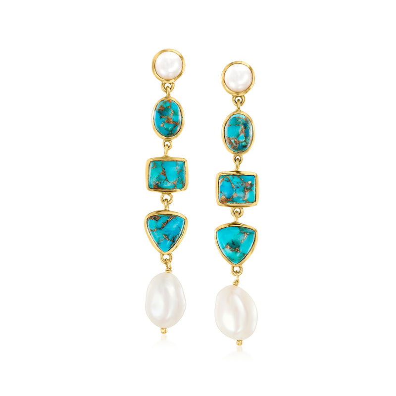 Gold drop earrings with turquoise enamel shapes and white cultured pearl teardrops