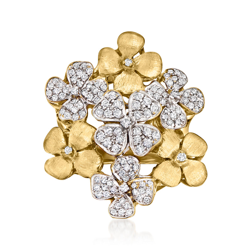 Vintage 18kt yellow gold ring with clustered diamond flower motifs