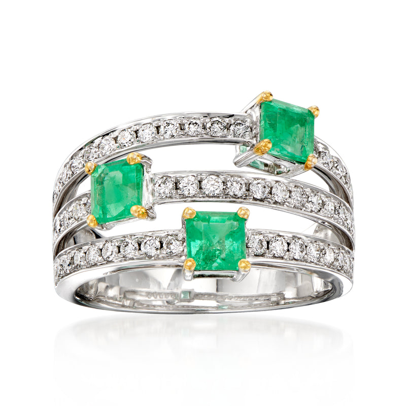 Three-row white gold ring with three square emerald-green stones and diamond bands