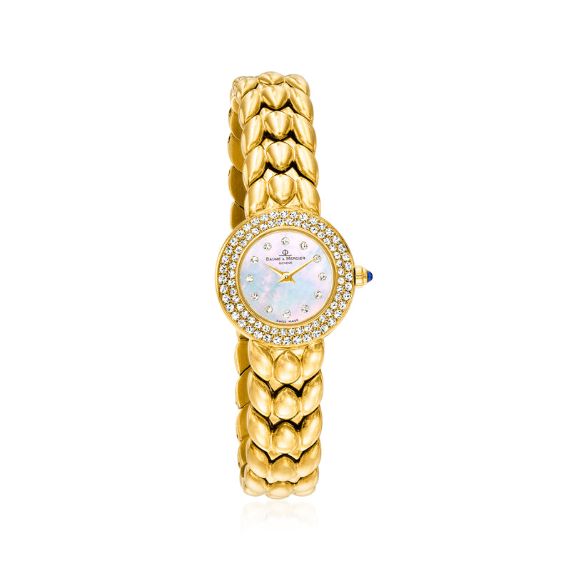 Vintage Baume & Mercier diamond watch in 18kt yellow gold, round bezel and bracelet