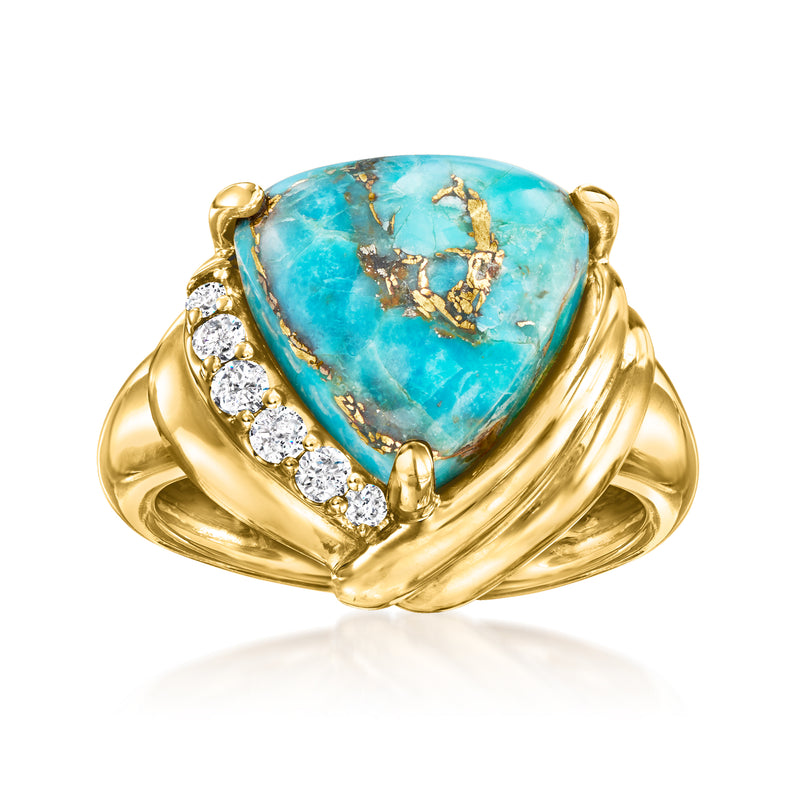 Gold ring with bezel-set turquoise teardrop stone and side diamond accents
