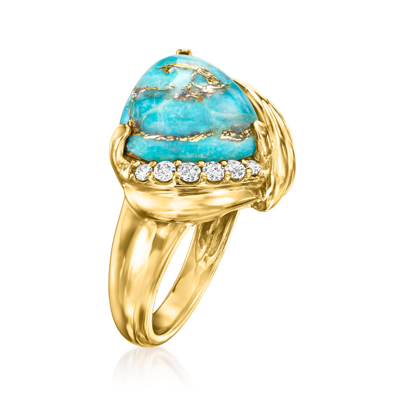 Gold turquoise gemstone ring with row of small round diamonds across the band