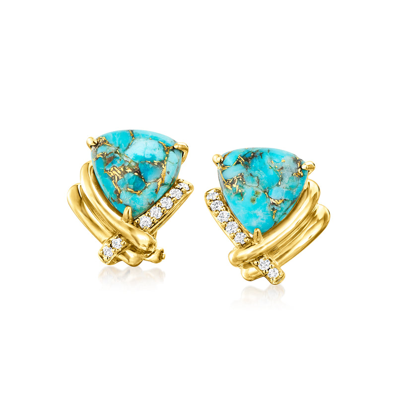 Gold over sterling turquoise teardrop diamond stud earrings with prong settings